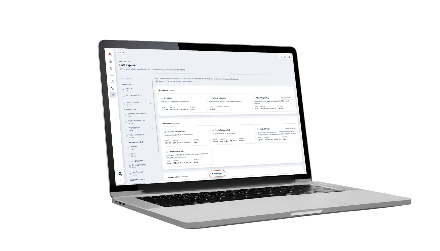 The Fintela platform's Data Explorer, open in a laptop browser